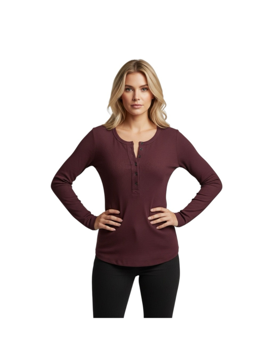 Free People Tops - Free People We The Free Ribbed Henley Burgundy Long Sleeve Fitted Top S Boho
